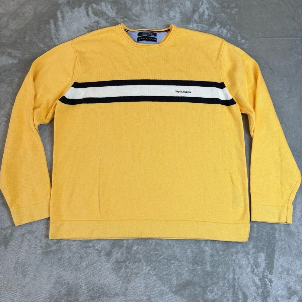 Tommy Hilfiger 90s Double Stripe Men’s Yellow Cotton Crewneck Sweater XL